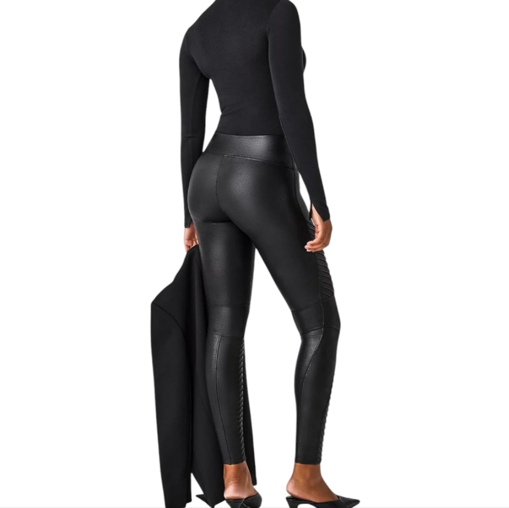 SPANX Faux Leather Moto Leggings Black High Rise Skinny Pants XS NWOT - Picture 7 of 10